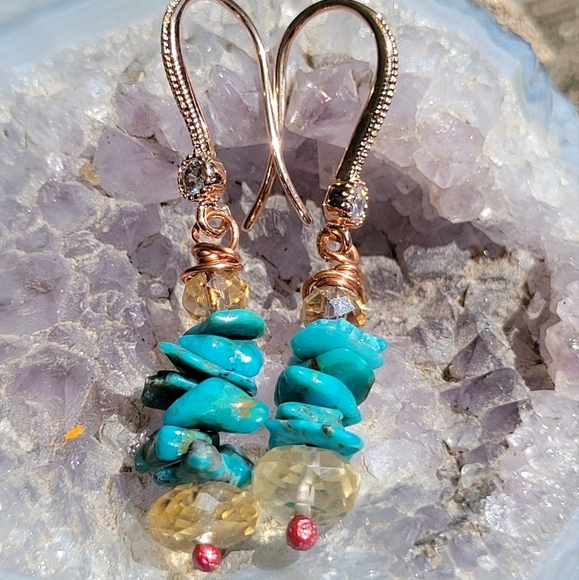 💥LAST PAIR💥Genuine Turquoise Citrine Rosegold Drop Earrings - Picture 2 of 8